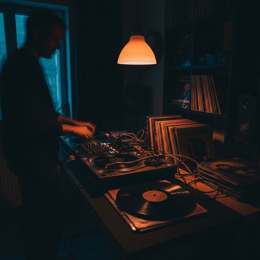 Turntable and records in a home studio with warm overhead light