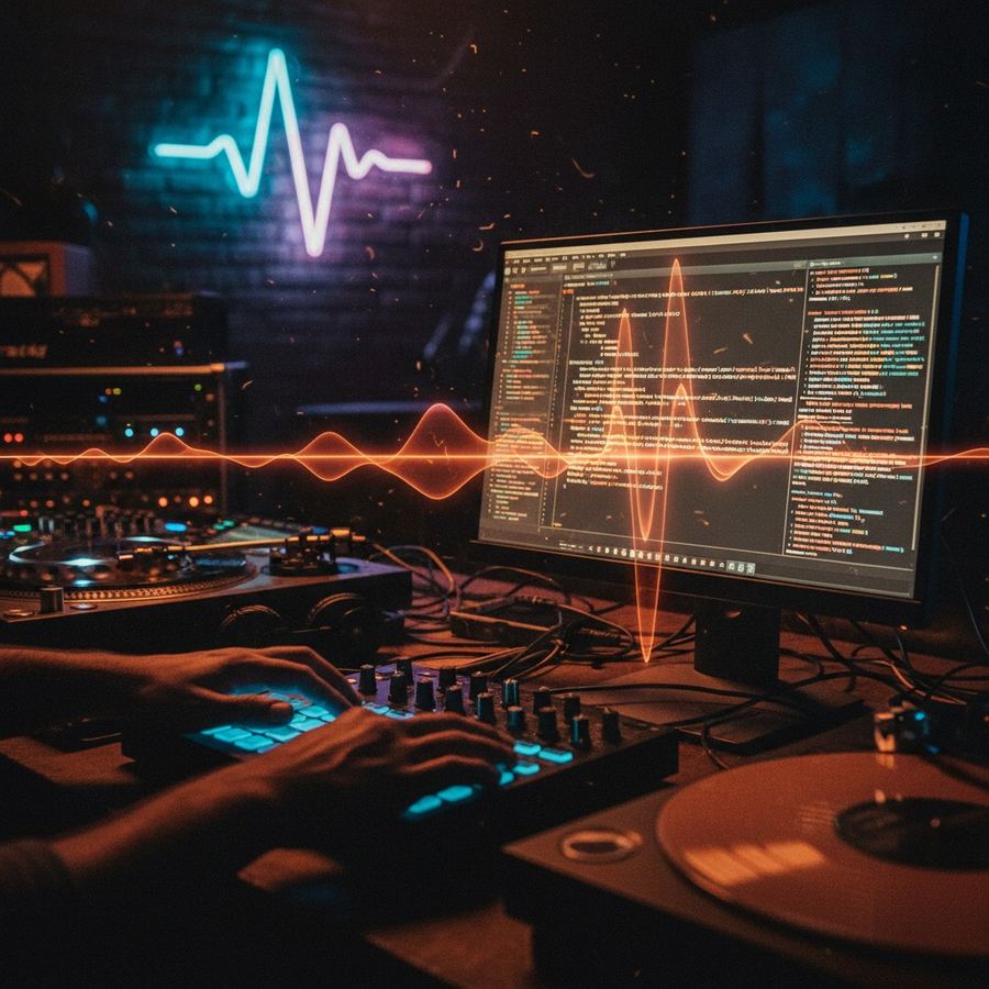 A screen displaying lines of code with a waveform visualization overlay