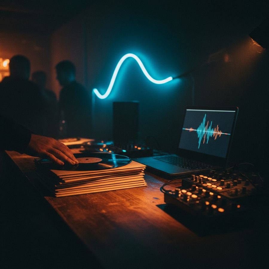 Stack of freshly pressed vinyl records on a desk next to a laptop
