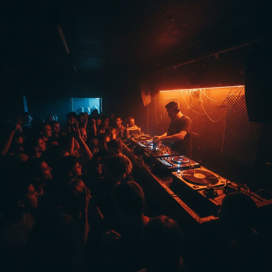 DJ performing in a small club with low lighting and a focused crowd