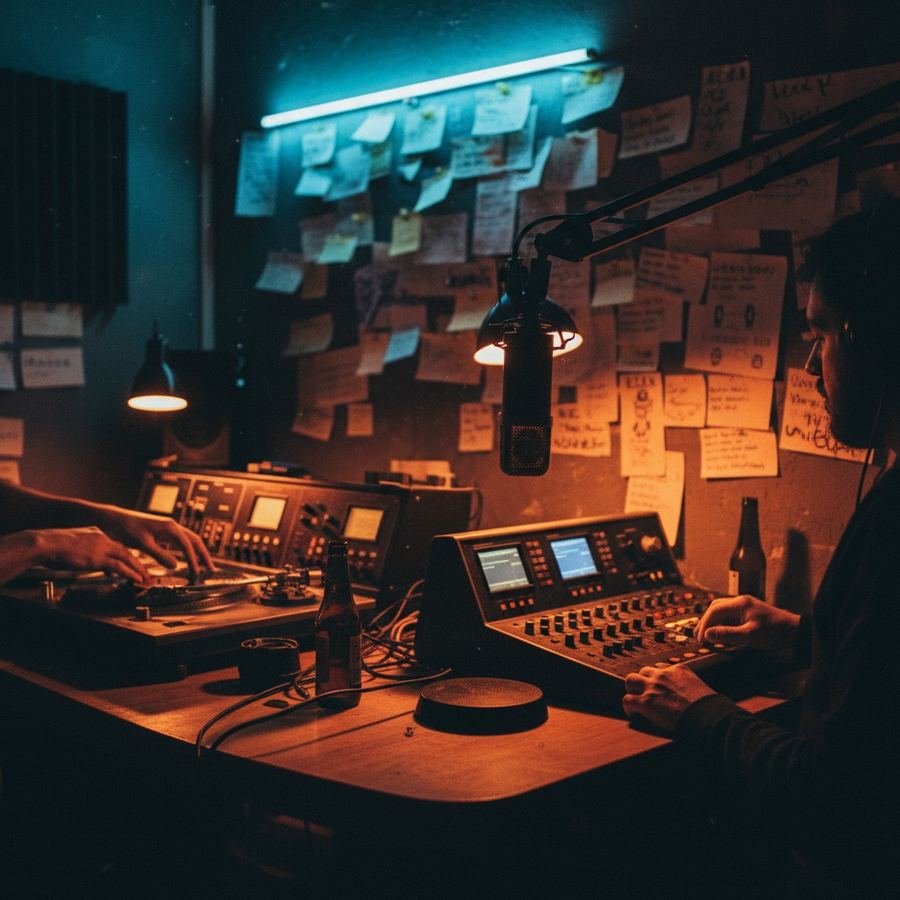 A microphone in a small community radio studio with acoustic treatment on the walls