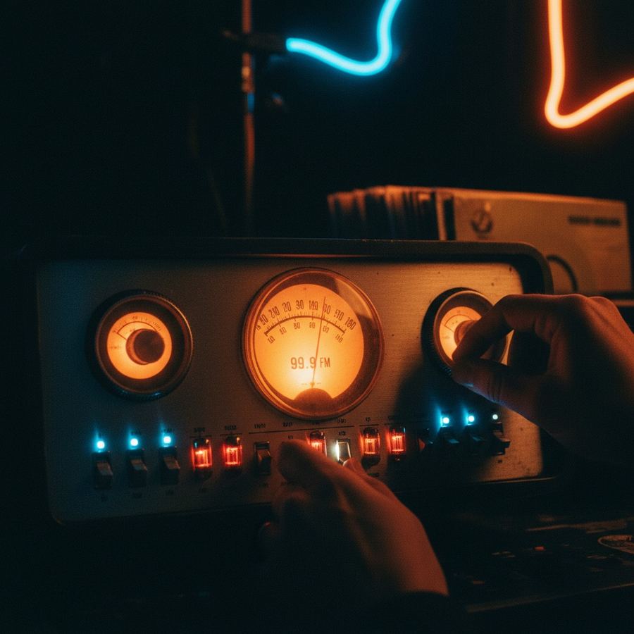 Vintage radio tuning dials with warm backlit display