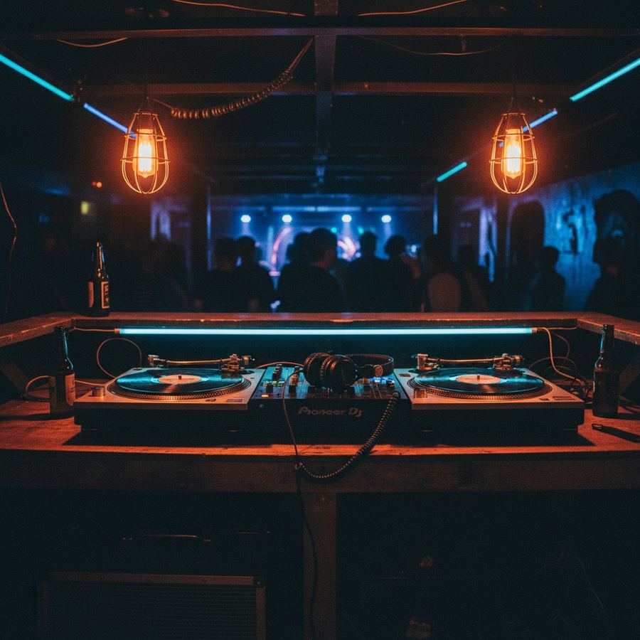 DJ booth with turntables and headphones ready for a set