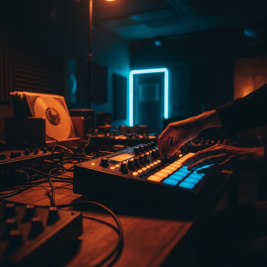 Analog drum machine with glowing lights in a dim studio