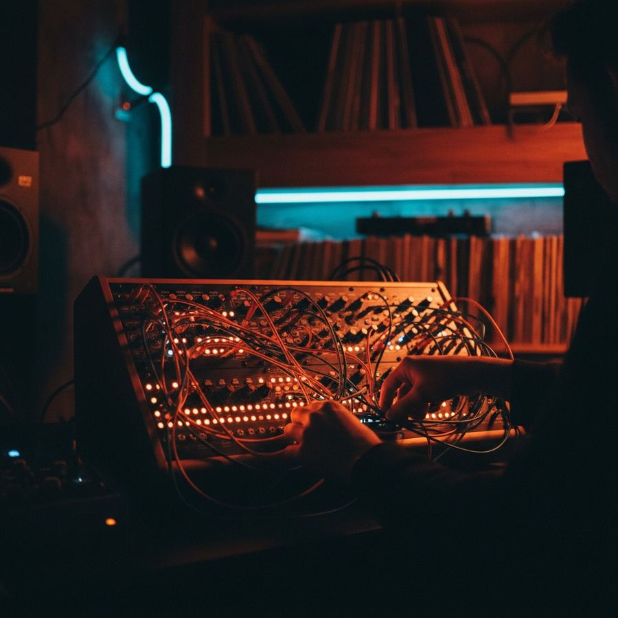A modular synthesizer rack with patch cables and blinking LEDs in a dark studio