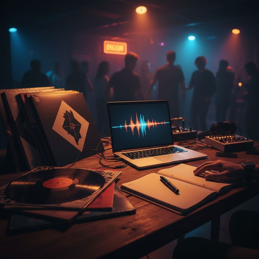 Notebook and pen on a desk next to a stack of vinyl records and a laptop showing a waveform