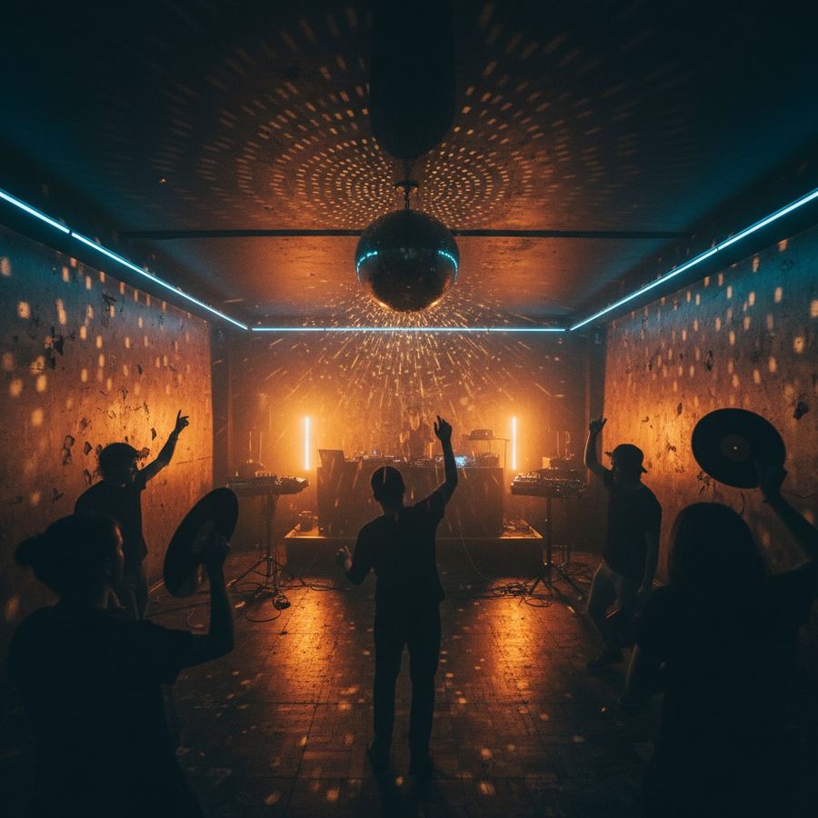 A dancefloor bathed in golden light with a disco ball casting reflections on the walls