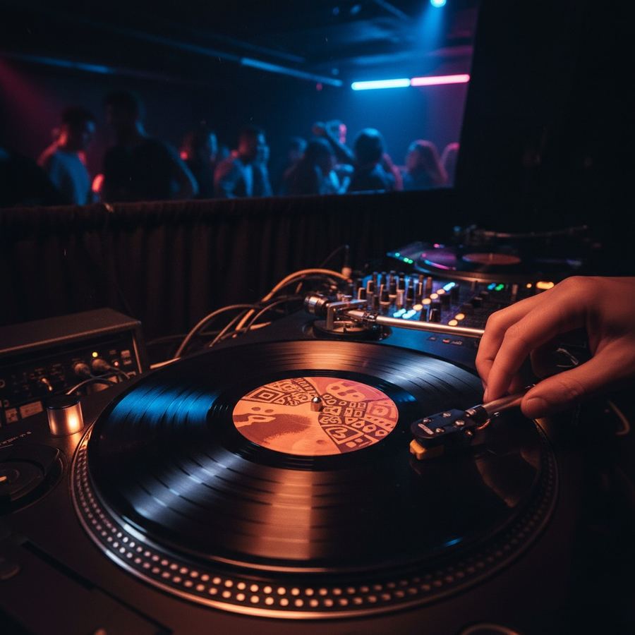 A turntable playing a 12-inch single with orange and brown label artwork visible