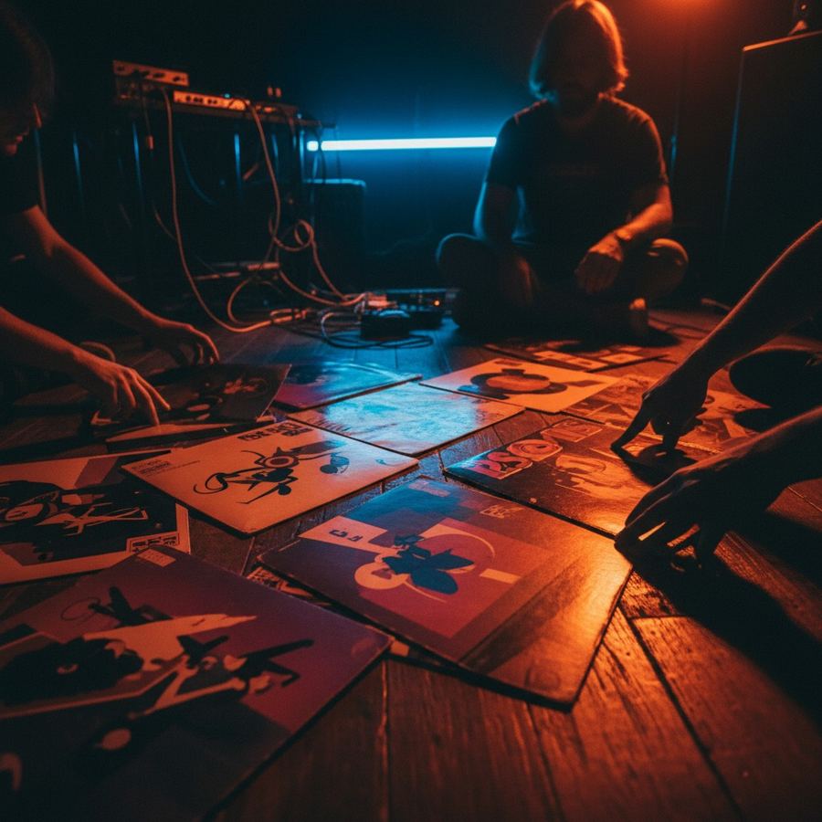 A spread of colorful disco and funk vinyl sleeves laid out on a wooden floor