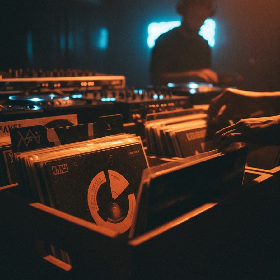 Crate of vinyl records with visible labels from underground dance labels