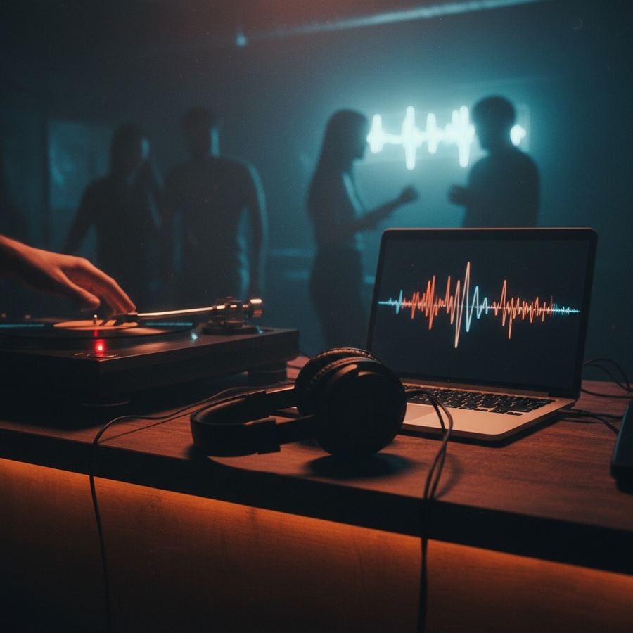 Over-ear headphones resting on a desk next to a laptop showing an audio waveform
