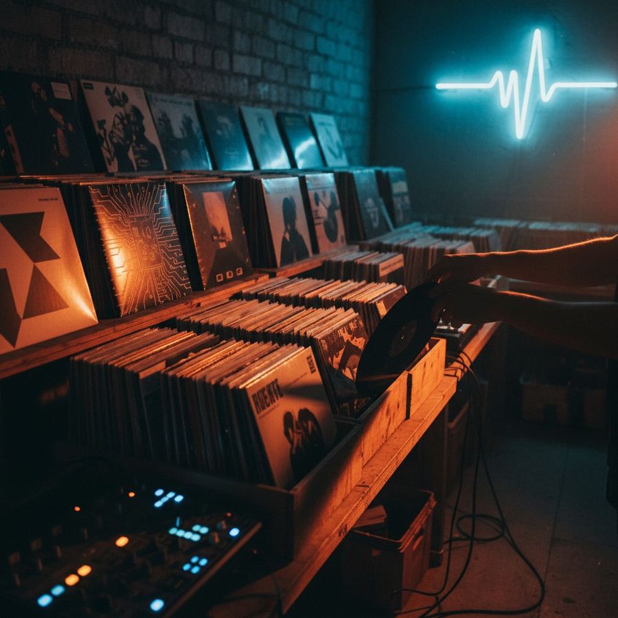 A record collection showing a mix of house and electro releases side by side