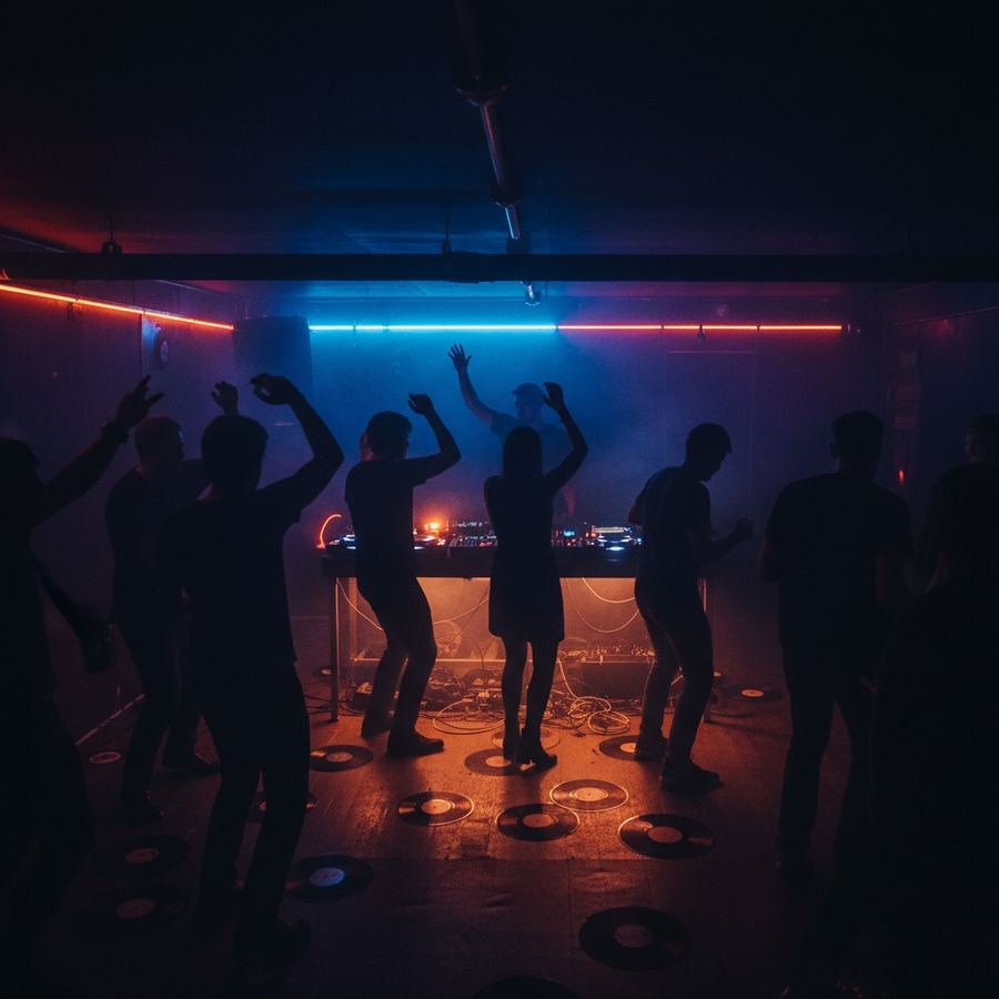 Silhouetted dancers on a small dancefloor with low blue and purple lighting