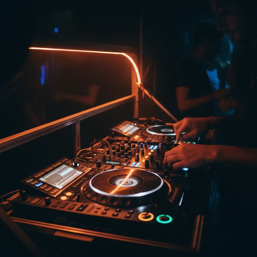 Two turntables and a mixer under warm amber light in a small club booth