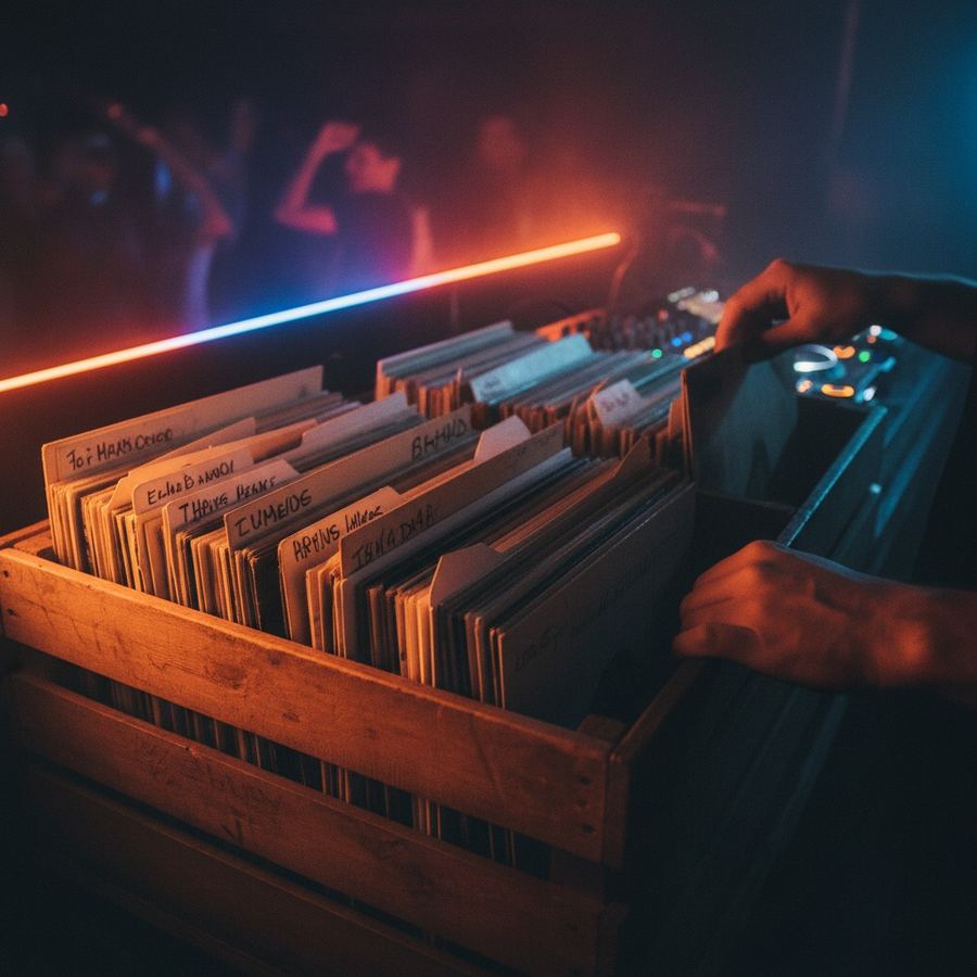 A wooden crate of vinyl records with hand-written labels on the spines
