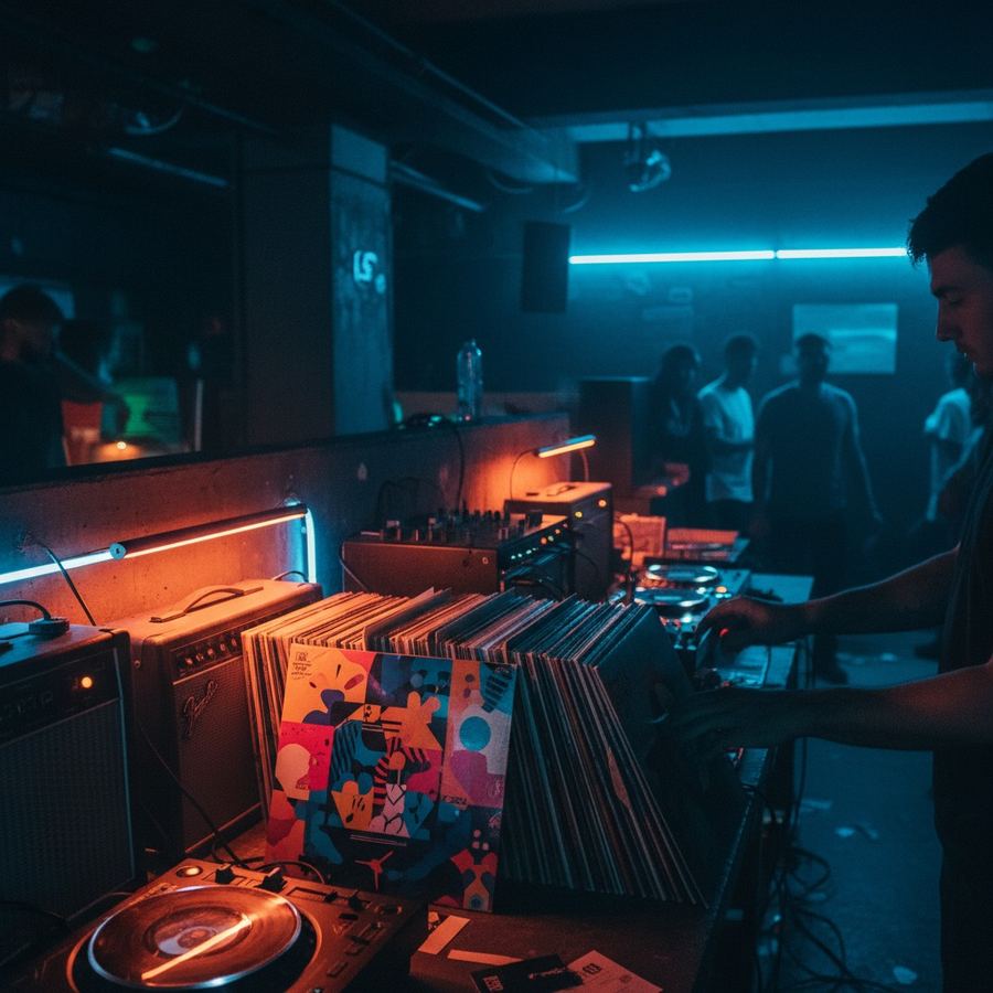 Vinyl records laid out for selection during a listening session