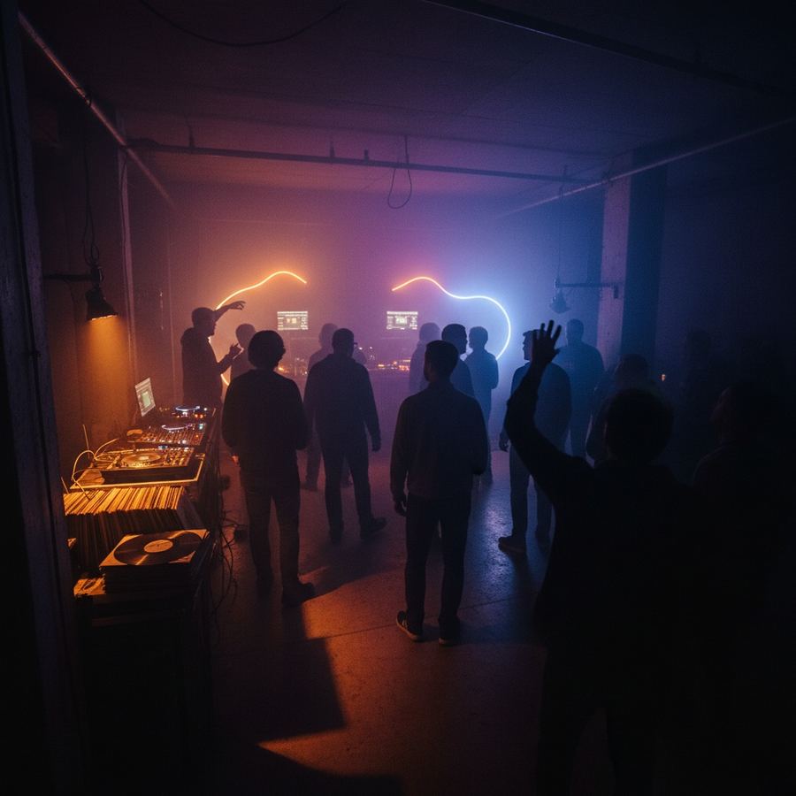 A sparse crowd silhouetted against deep blue and purple haze in a late-night venue