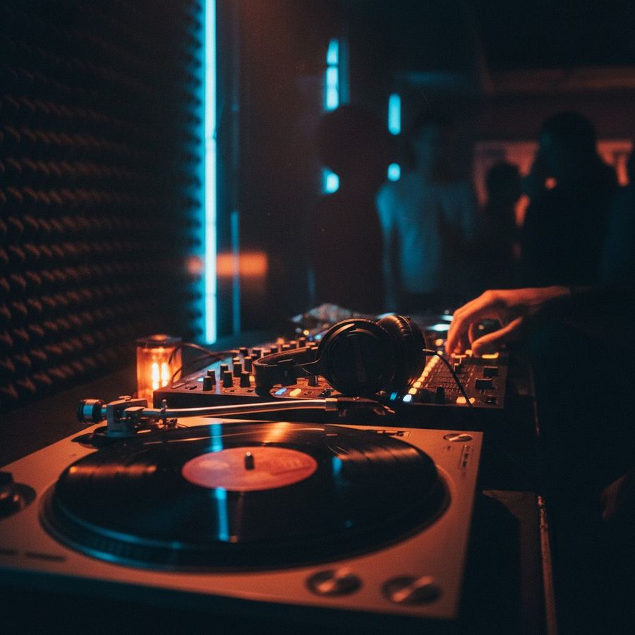 Over-ear headphones resting on a mixing desk next to a turntable