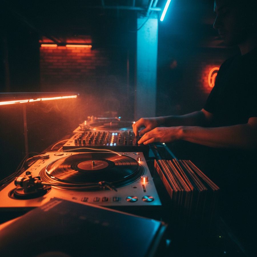 Turntable with vinyl spinning during a long-form mix session
