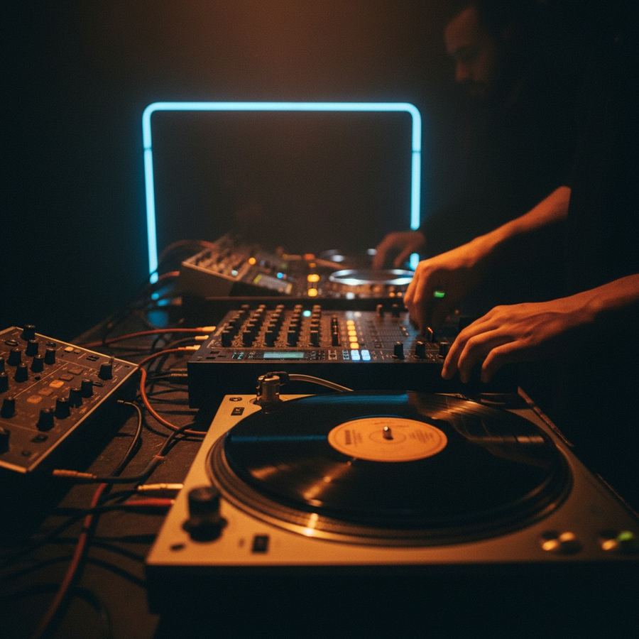 Close-up of mixing desk faders during a recording session