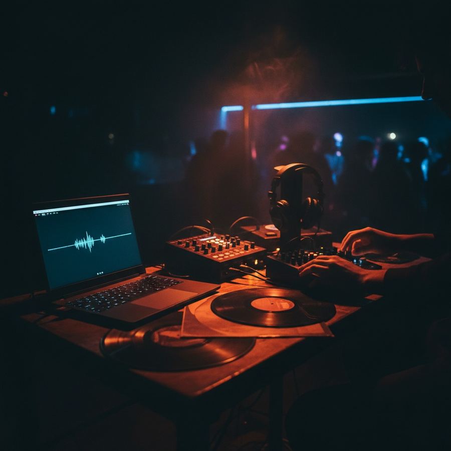 A small internet radio studio setup with turntables, mixer, and microphone