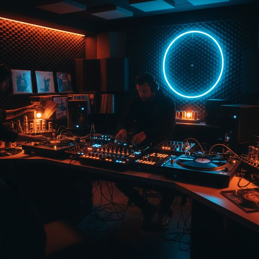 A radio studio with turntables and mixing equipment under soft lighting