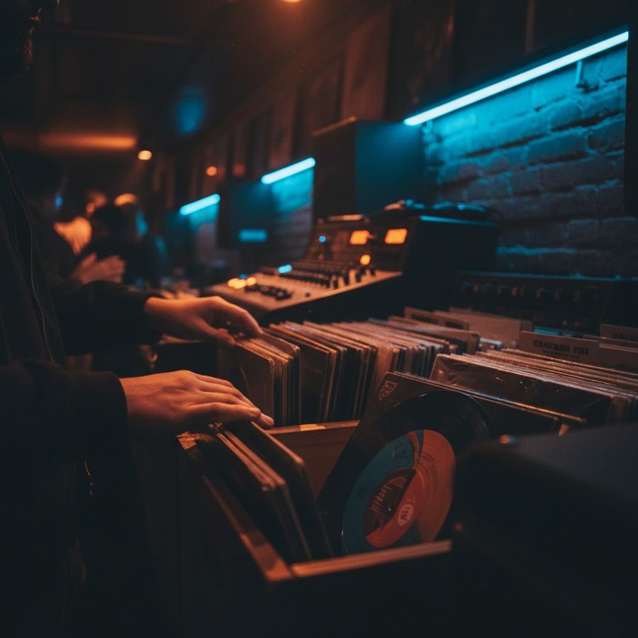 Hands flipping through vinyl records in a shop crate