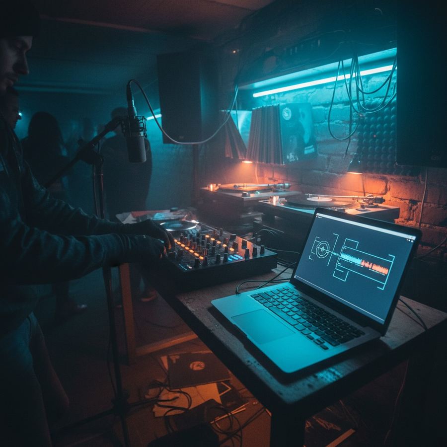 Small internet radio studio with microphone, mixer, and laptop showing a broadcast interface