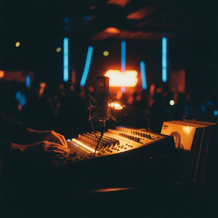 A professional studio microphone with pop filter in a broadcast booth