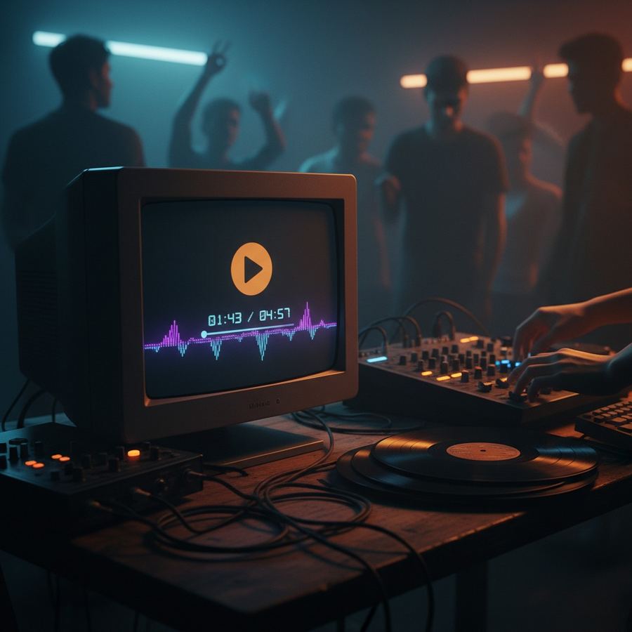 Retro computing interface reminiscent of early 2000s internet radio platforms