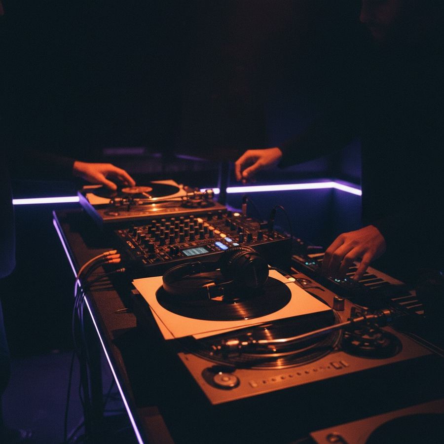 Mixing console with headphones and vinyl in a dimly lit studio