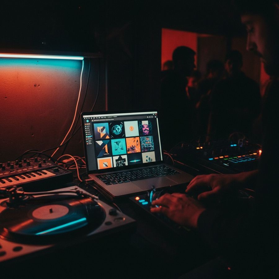 A laptop screen showing a Bandcamp label page with album artwork thumbnails in a grid