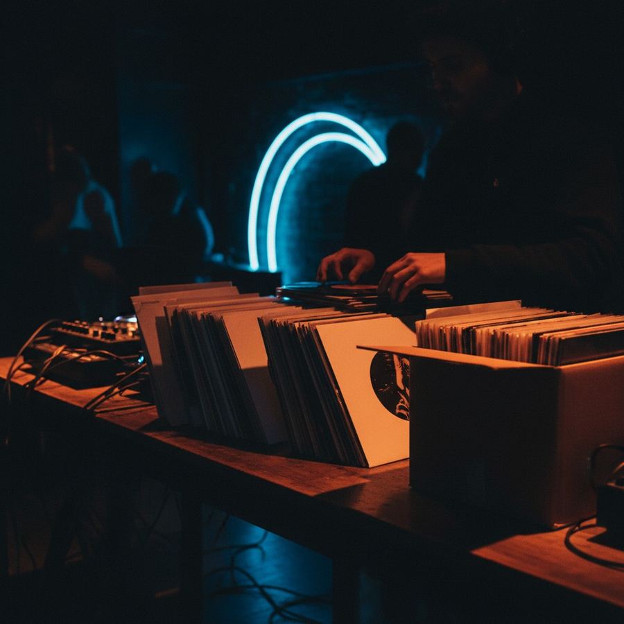 Stacks of records in plain white sleeves piled on a table next to a shipping box