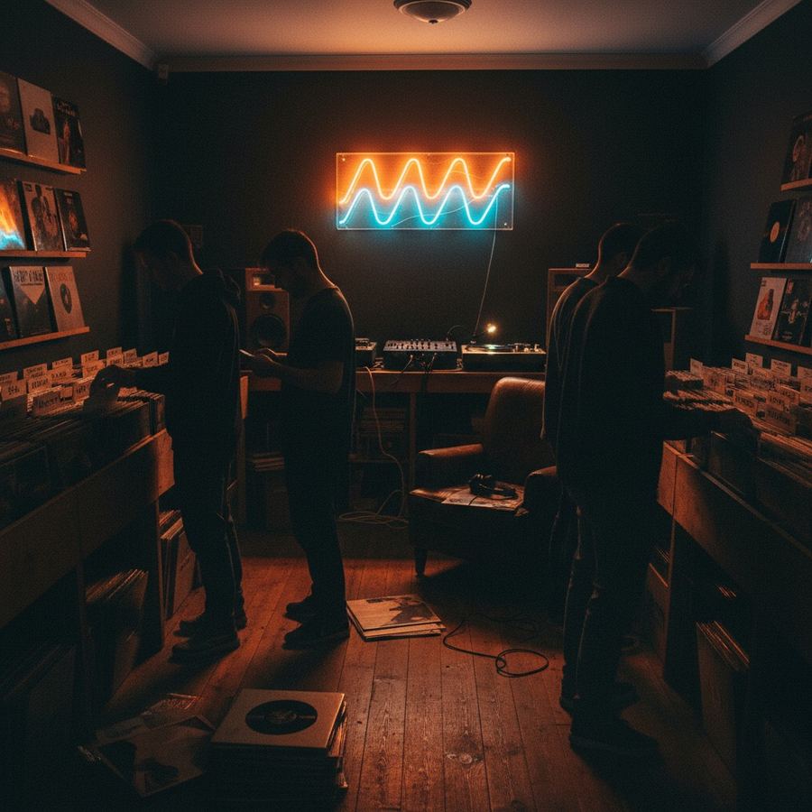 Interior of a small independent record shop with overstuffed bins and hand-written dividers