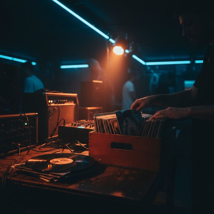 Hands flipping through vinyl records in a wooden crate at a record shop